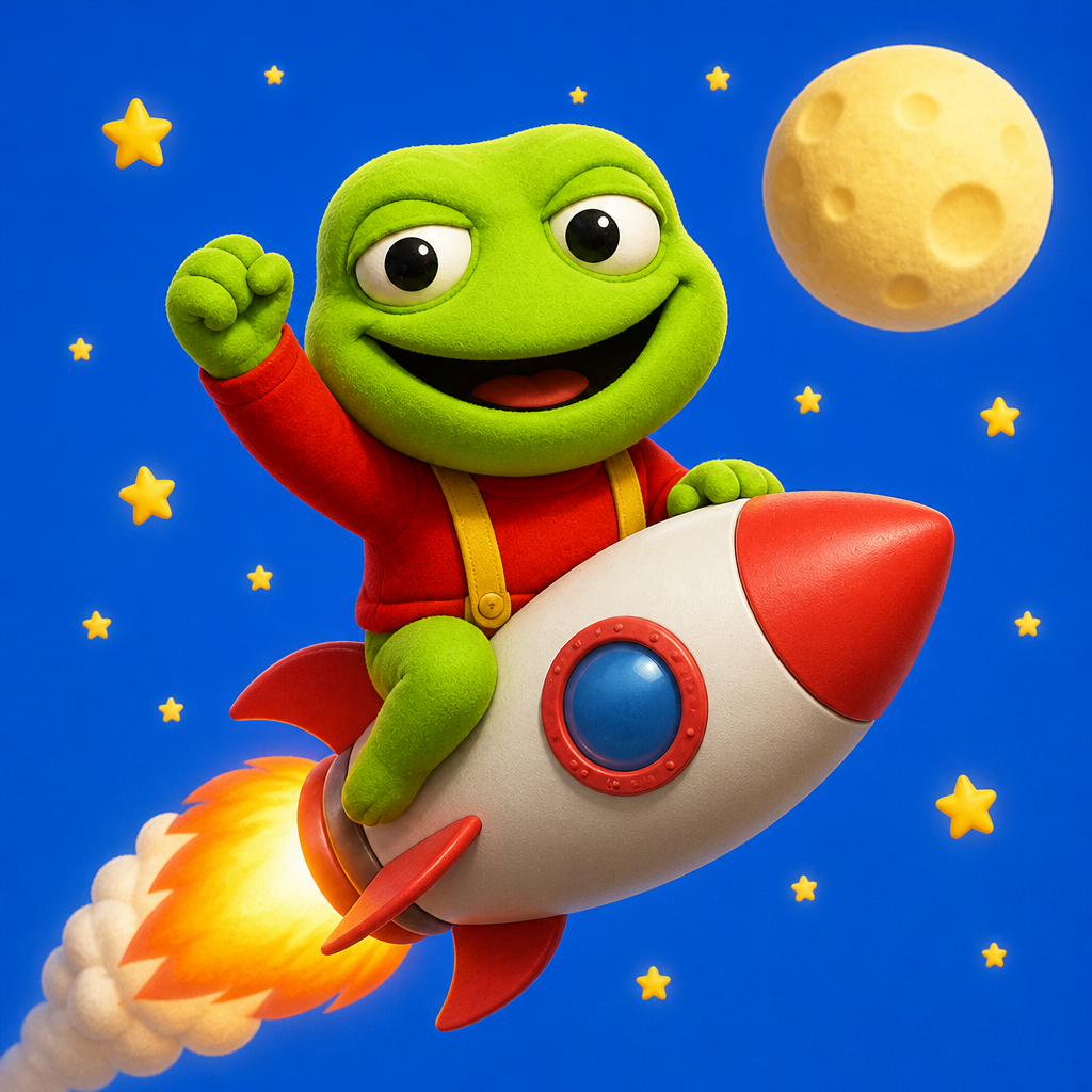 The Toad Pepe riding a rocket to the moon